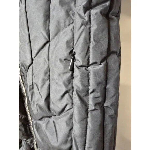 NWT Kimi + Kai Womens Black Faux Fur Trim Hooded Quilted Down Long Jacket Size S